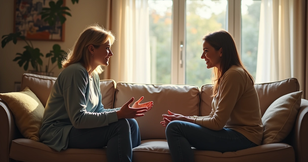 Dos personas conversando sentadas en una sala cómoda
