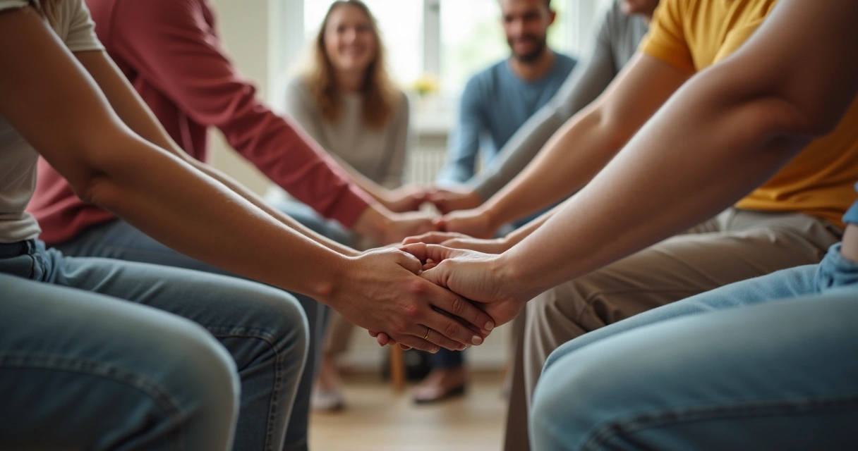 Grupo de personas apoyándose emocionalmente en círculo