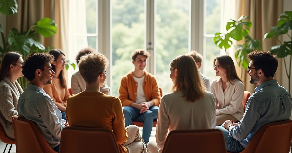 Grupo de personas sentadas en círculo compartiendo experiencias