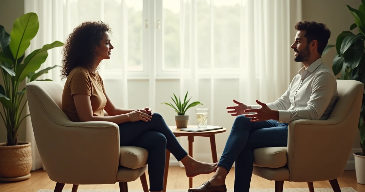 Dos personas conversando en un entorno tranquilo de apoyo emocional 