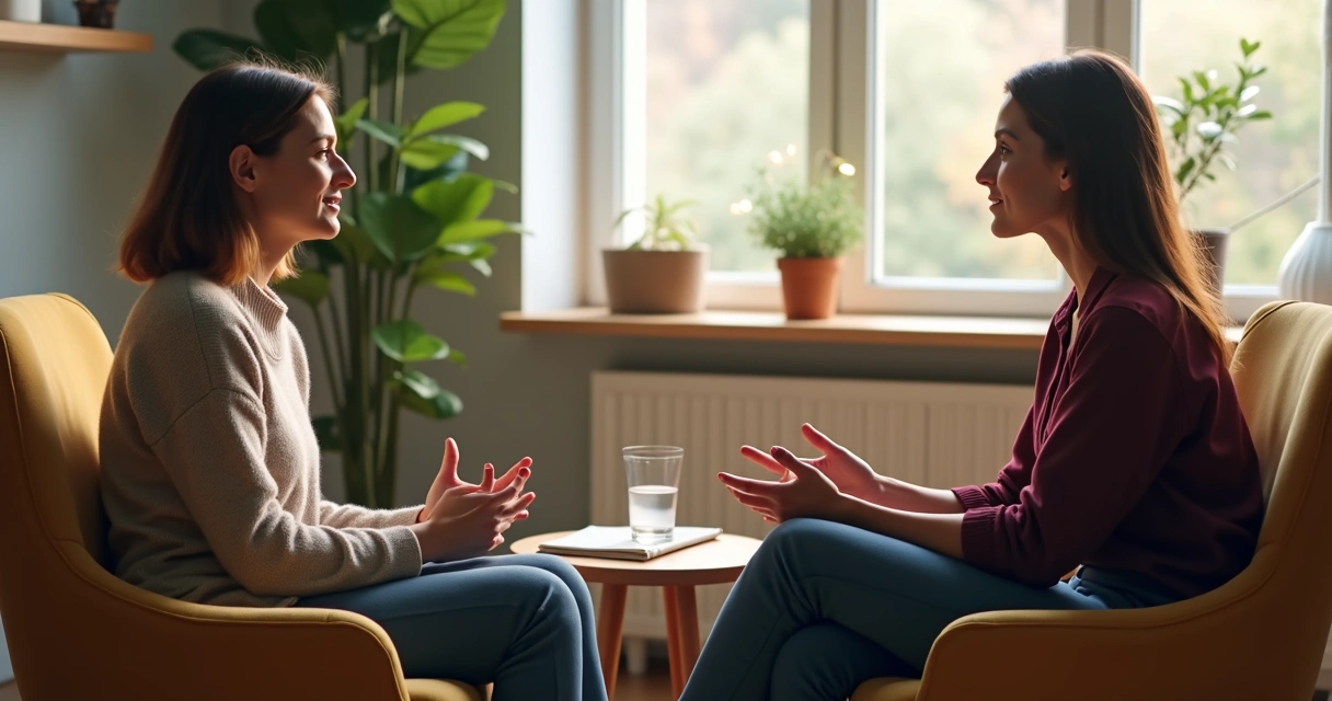 Persona conversando con apoyo emocional en un entorno sereno 
