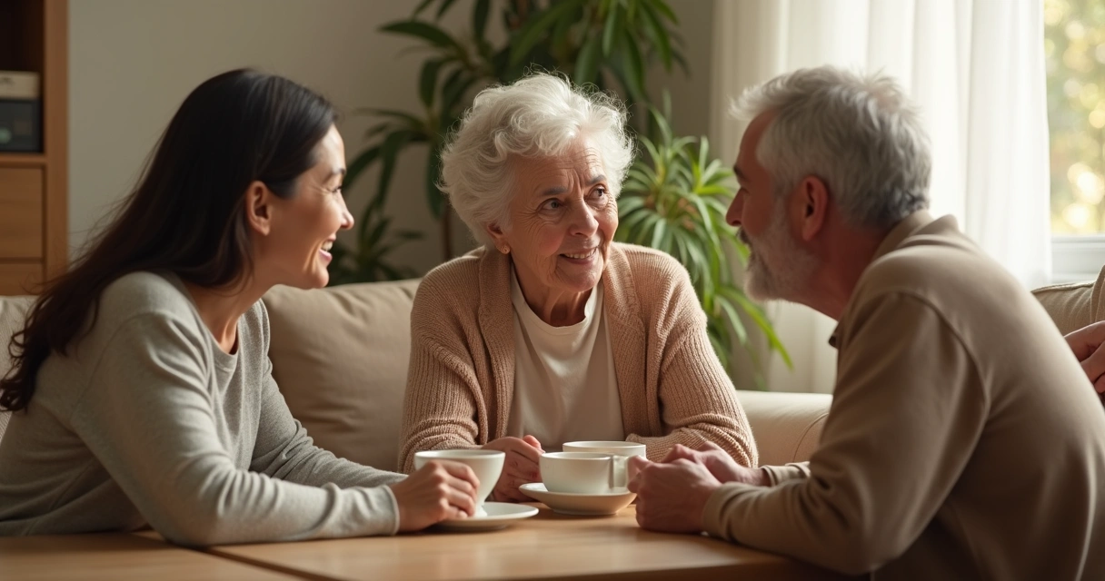 Familia conversando sentada en la sala