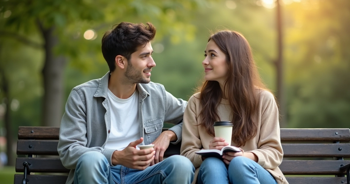 Pareja conversando sentados en un parque 