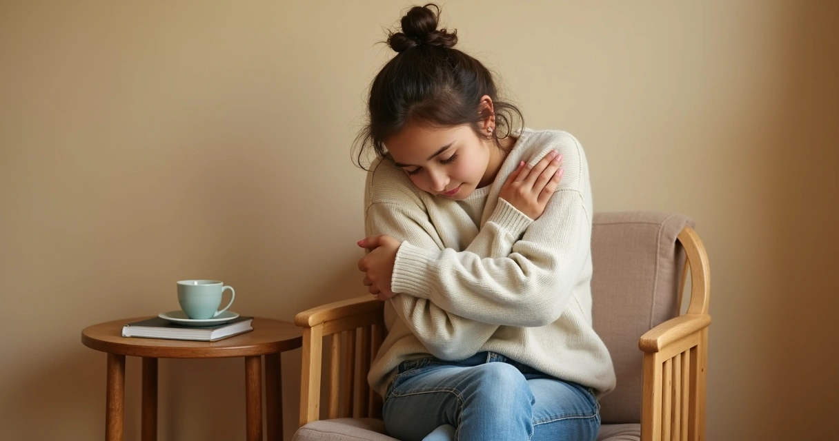 Persona sentada abrazándose, mostrando apoyo emocional personal