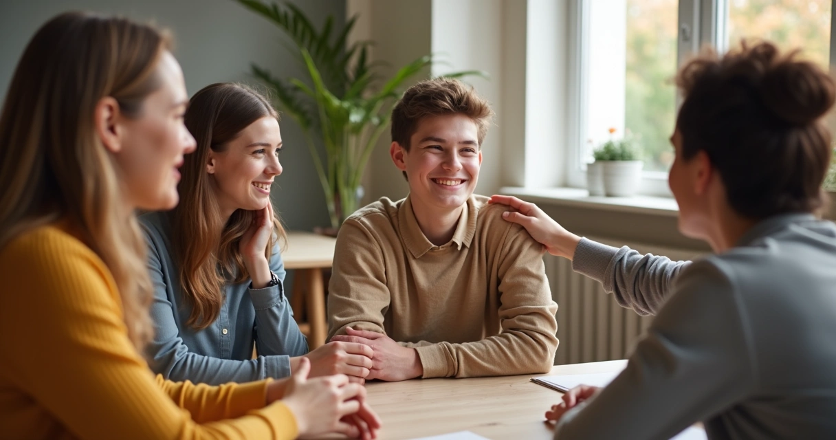 Una persona joven recibiendo apoyo emocional en un entorno grupal