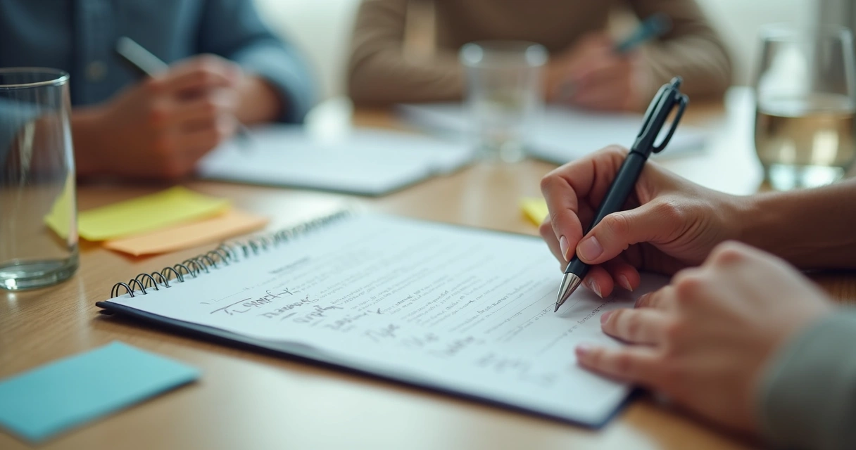 Manos escribiendo acuerdos familiares en un cuaderno 