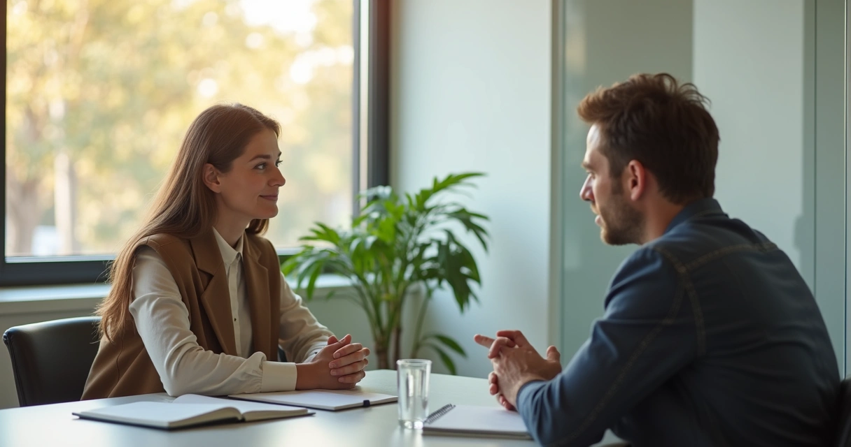 Dos personas conversando en una sala de trabajo con actitud de escucha