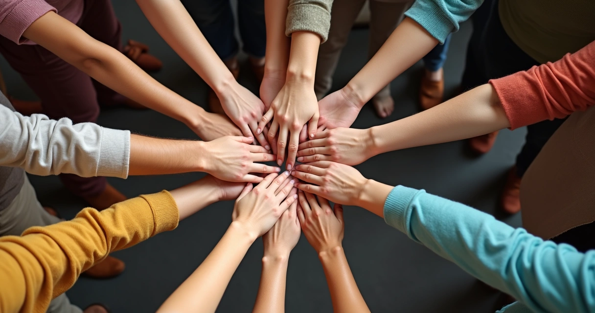 Grupo de personas formando un círculo, apoyándose y dándose la mano 