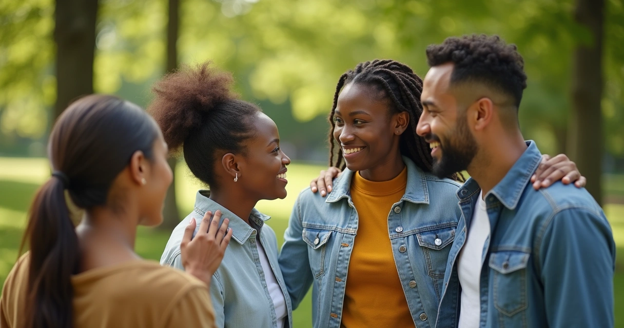 Personas de diferentes edades apoyándose unas a otras en un entorno al aire libre 