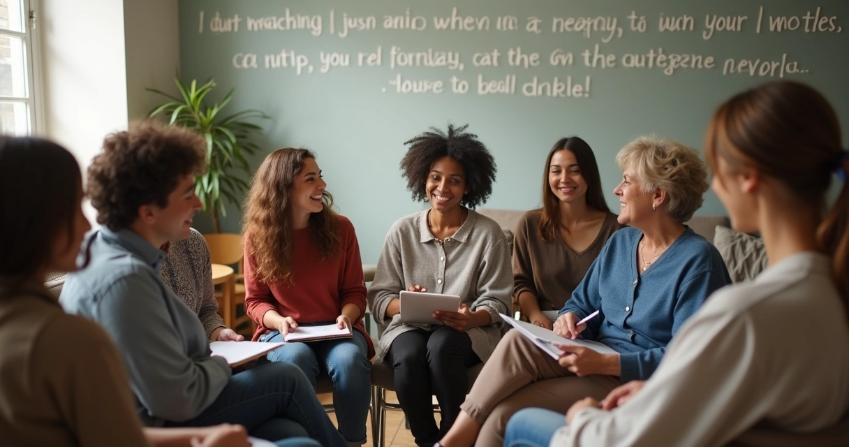 Grupo de personas reunidas conversando en círculo de apoyo 