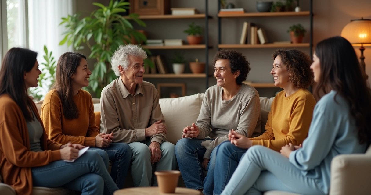 Grupo de personas sentadas hablando y apoyandose en círculo 