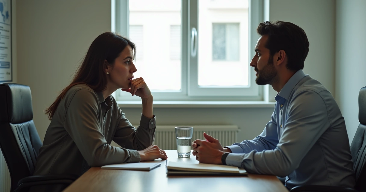 Dos personas conversando con apoyo respetuoso en una oficina 