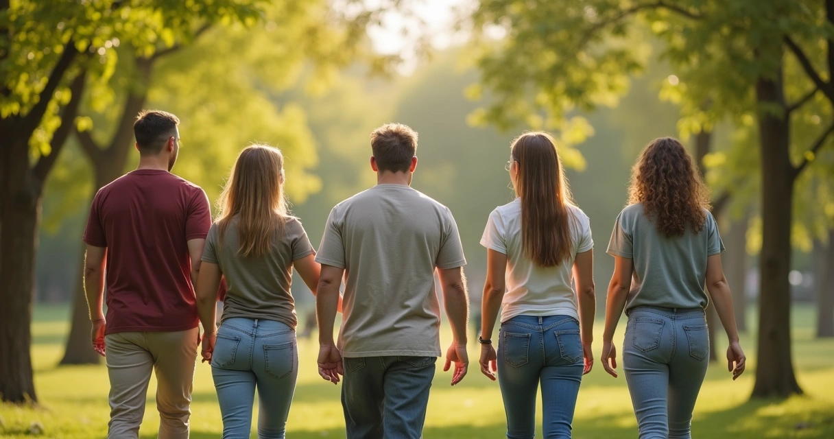 Grupo de amigos caminando juntos y conversando en un parque. 