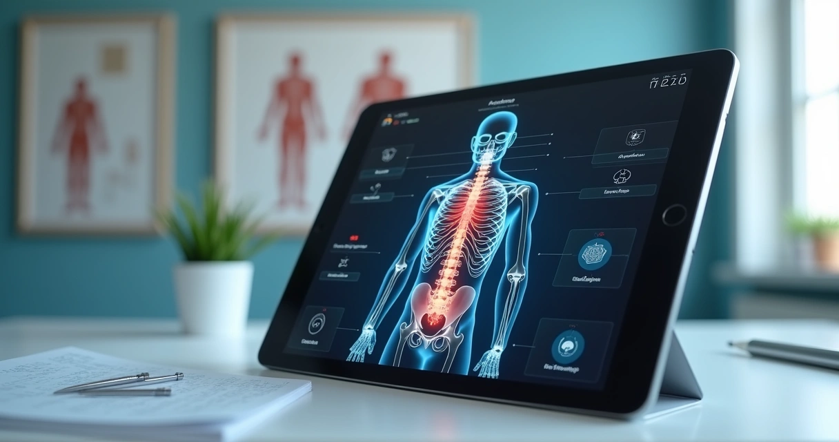 Tablet com aplicativo de acupuntura mostrando pontos anatômicos detalhados 