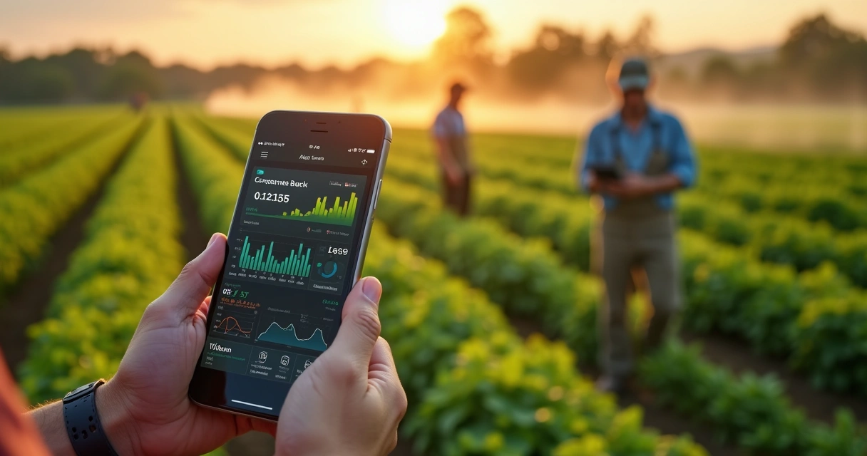 Tela de aplicativo para agtech exibida em smartphone com fundo de fazenda moderna e agricultores analisando dados 