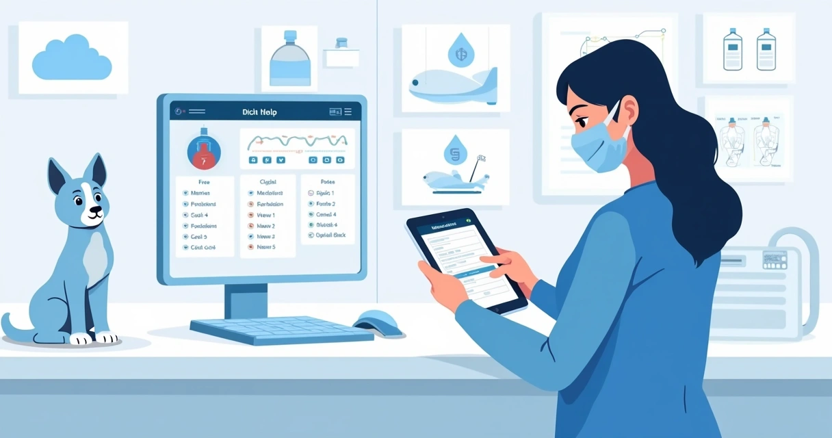 Ilustração corporativa mostrando veterinário usando app de anestesia com cálculos e ficha digital 