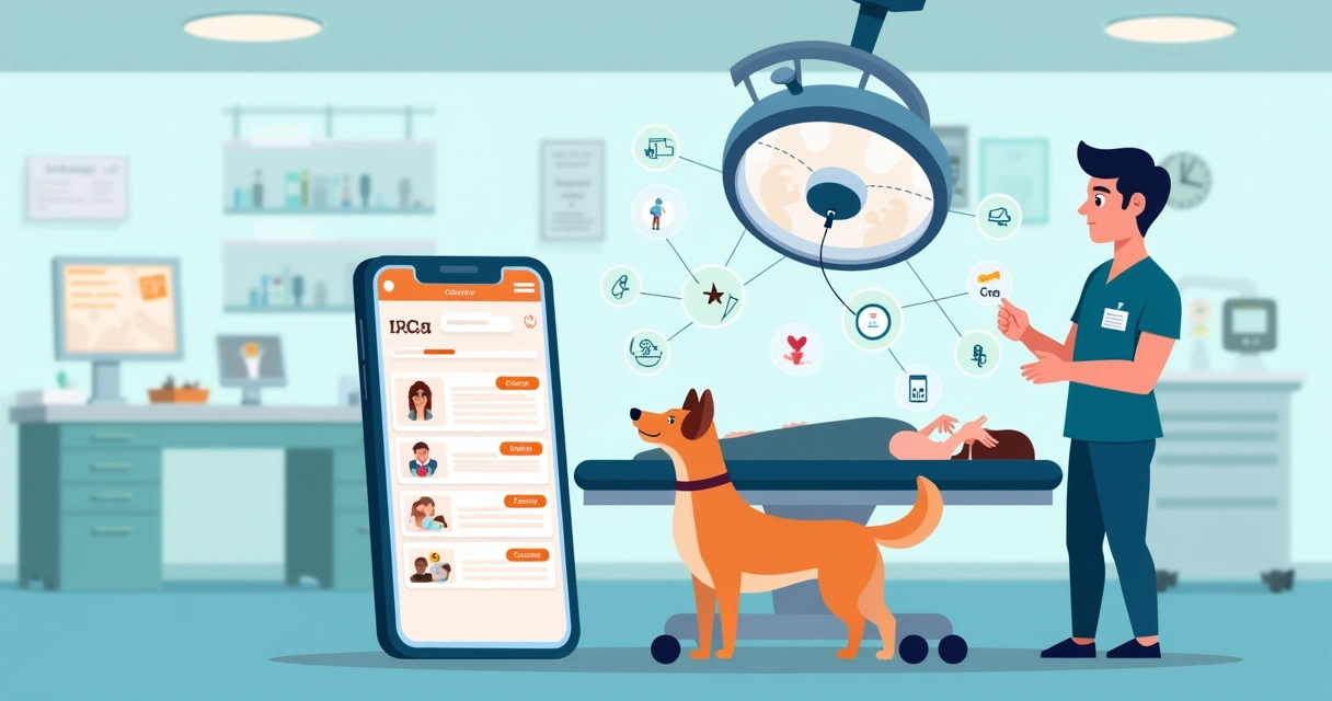 Veterinário anestesista usando app de anestesia em tablet ao lado de cão em centro cirúrgico 