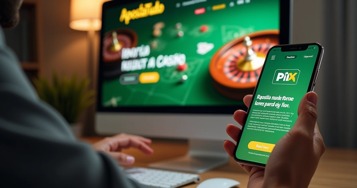 Site do ApostaTudo mostrando roleta brasileira e opção PIX 