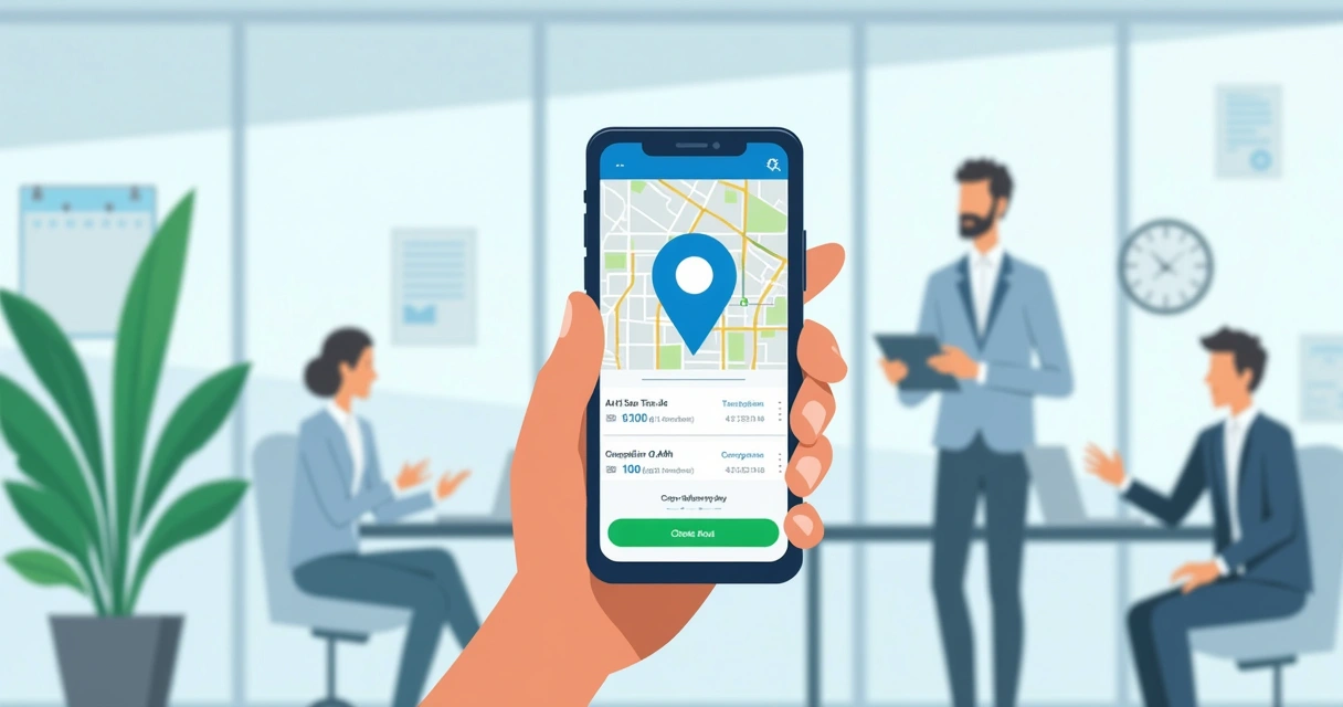 Pantalla móvil con mapa y registro de asistencia 