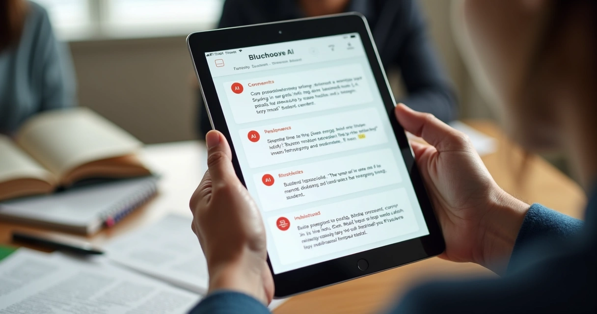 Tela de app corrigindo redação com IA e nota visível para o aluno 