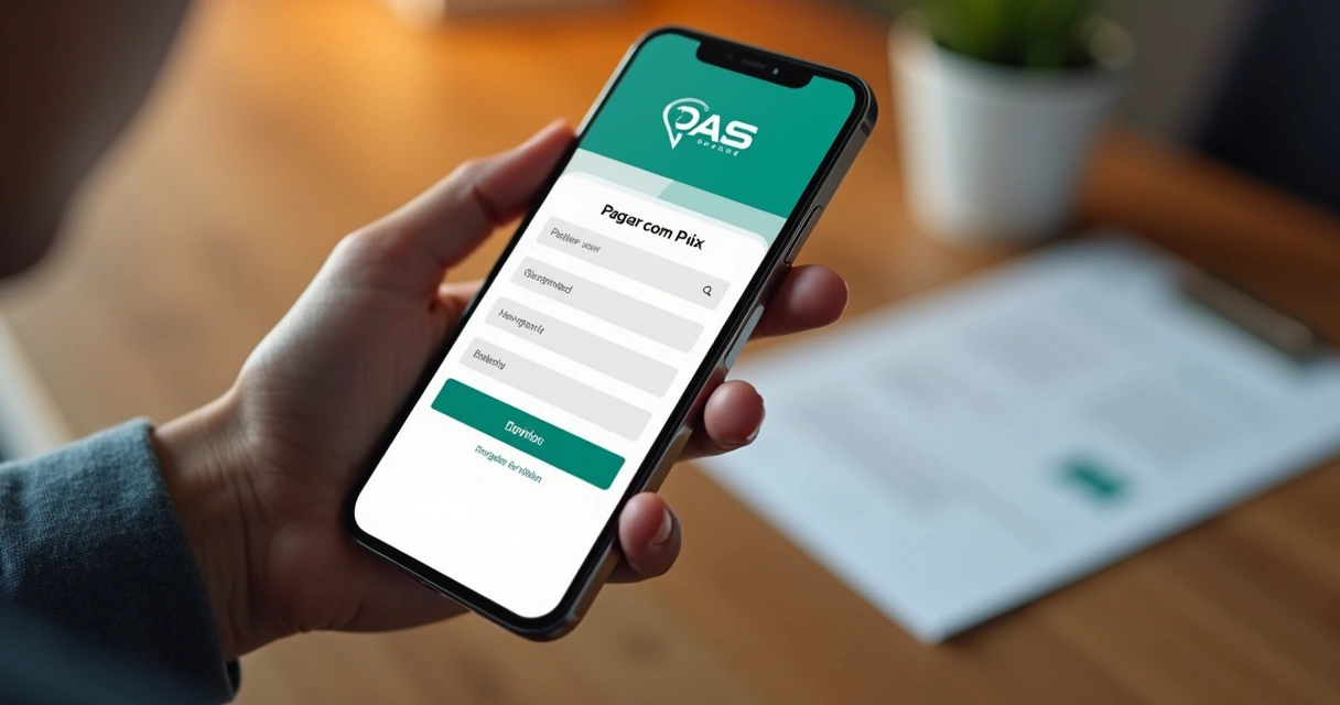 Mão usando app bancário para pagar DAS no smartphone 