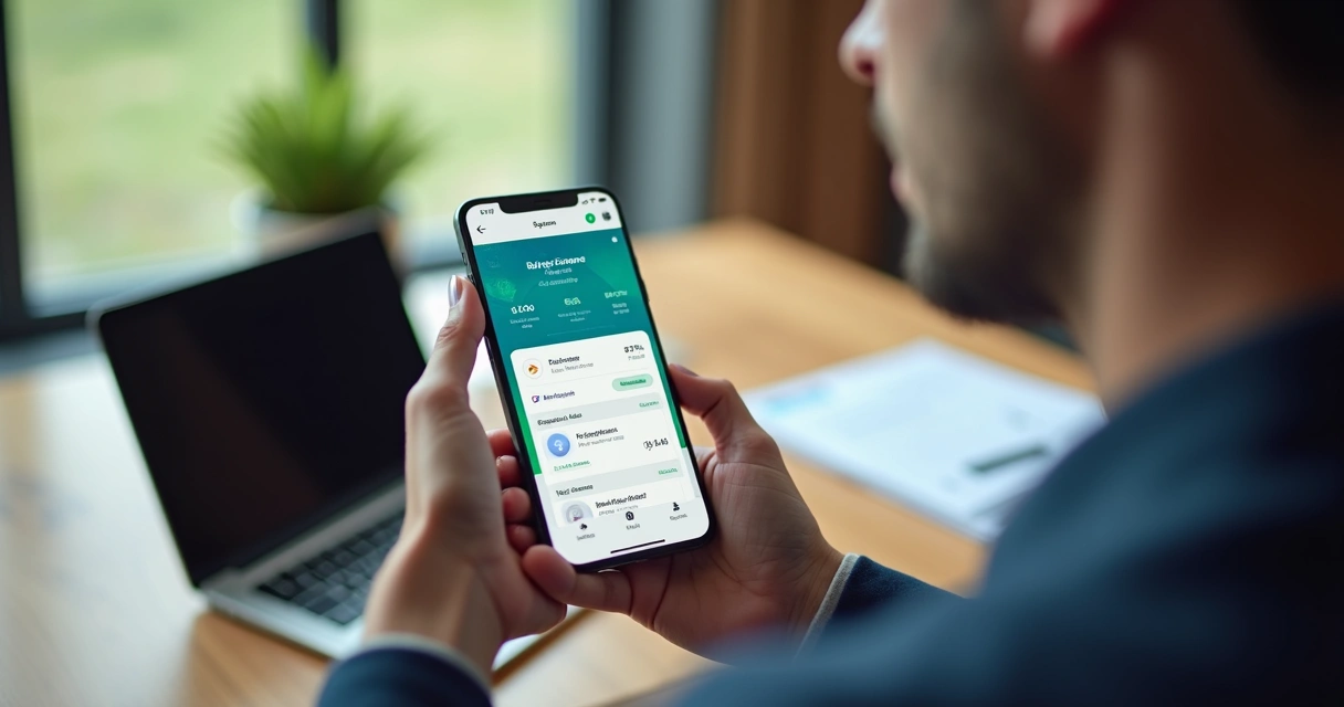 Pessoa usando aplicativo de banco digital em smartphone com interface clara e moderna 