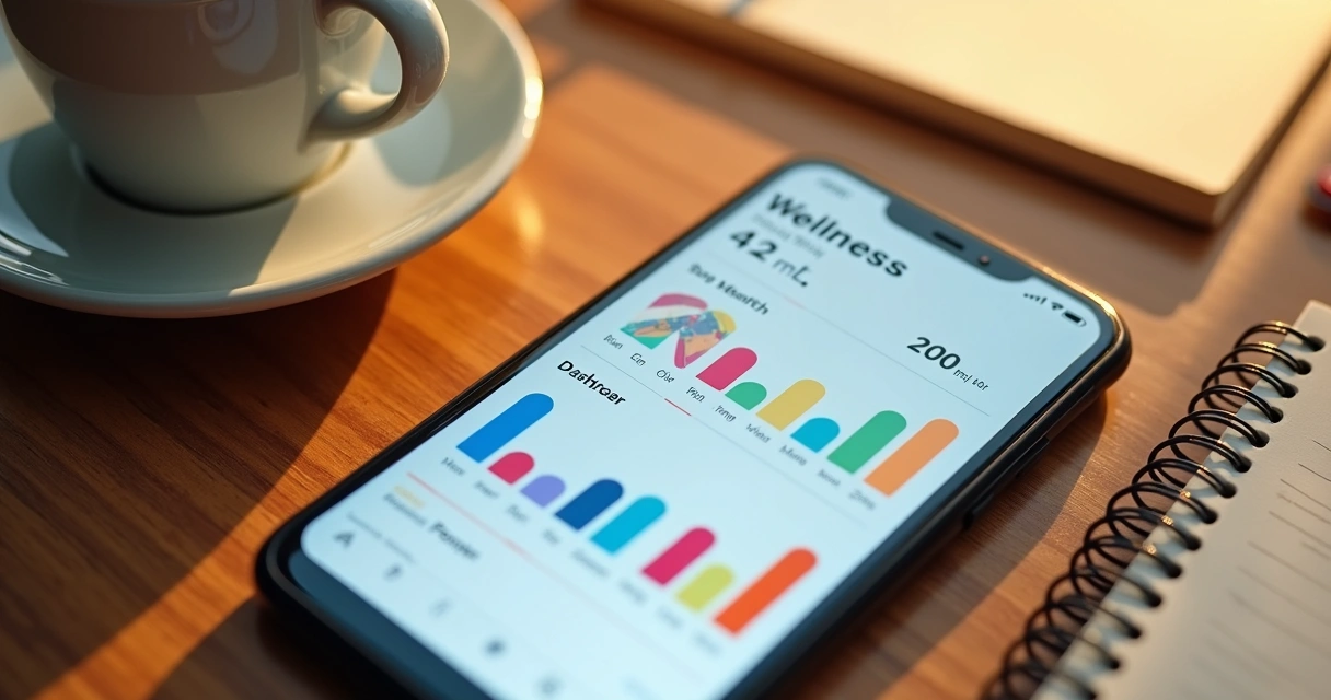 Tela de app de saúde com gráficos e dados de bem-estar