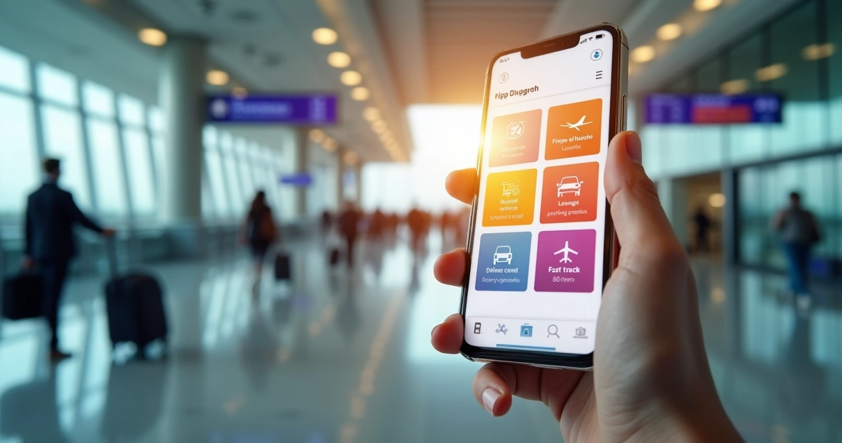 Smartphone exibindo app de benefícios com mapa de aeroporto ao fundo e passageiros caminhando 