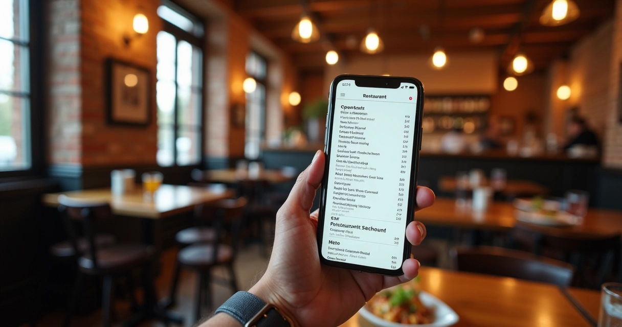 Celular mostrando cardápio digital em bar de cidade pequena 