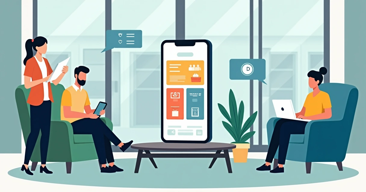 Síndico e moradores usando app de condomínio em tablet gigante em área de convivência 