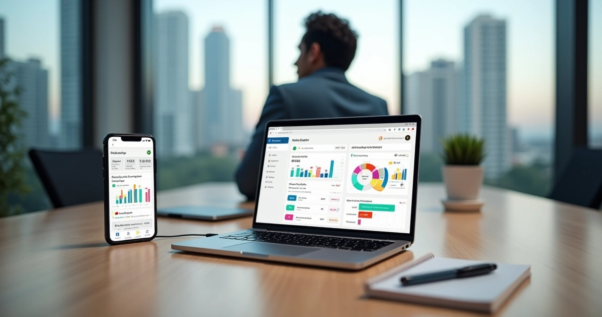 Tela de app para controle de aluguéis exibida em notebook e celular sobre mesa de escritório moderna 
