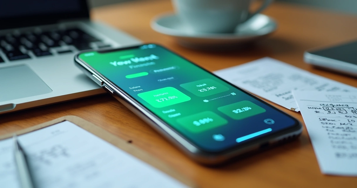 Aplicativo financeiro aberto em celular sobre mesa de trabalho 