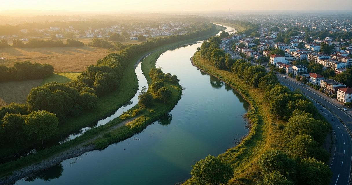 Vista aérea de curso d’água urbano com faixa de vegetação preservada ao lado da cidade 