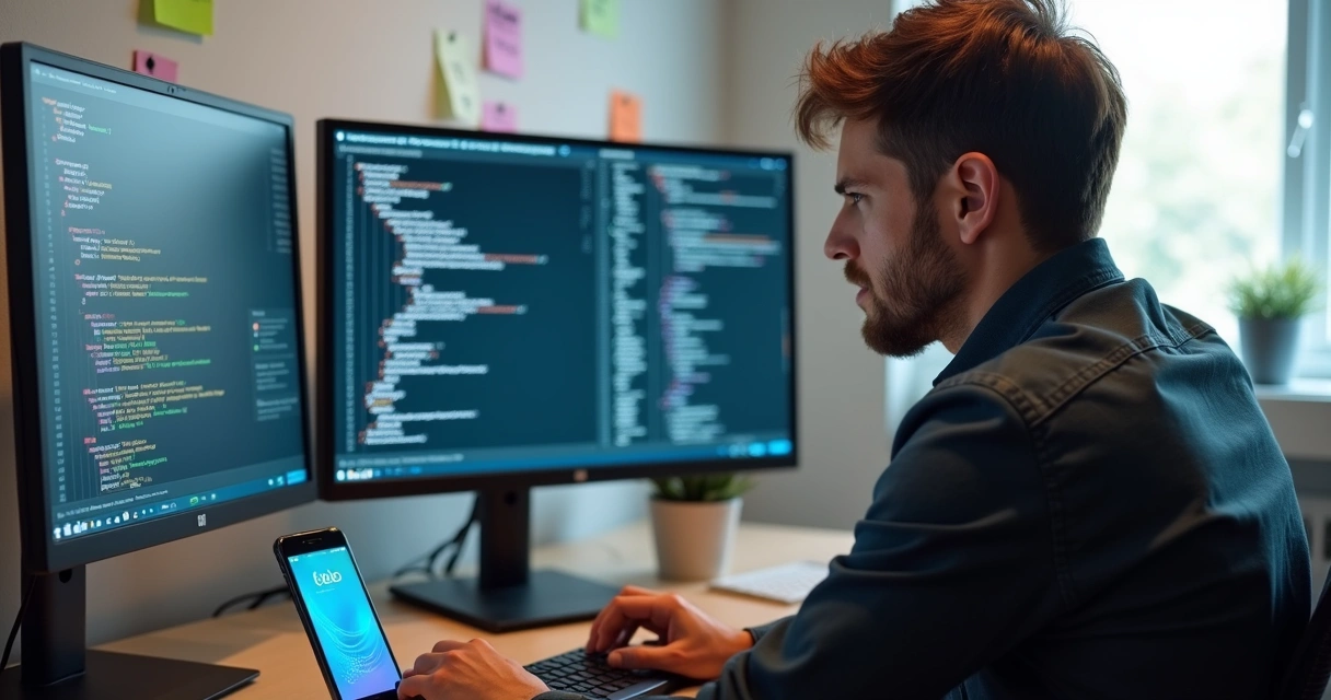 Developer coding on multiple monitors with mobile prototype 