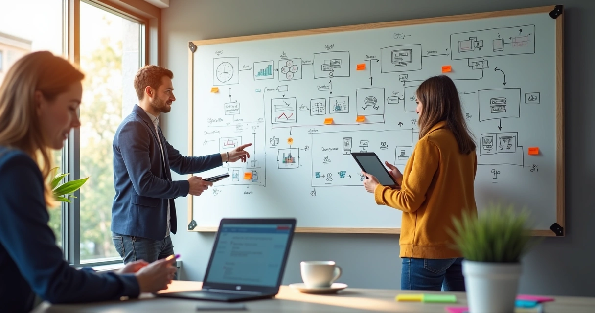 Whiteboard with app diagrams and developers discussing 