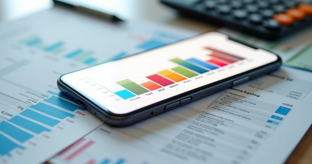 App mostrando economia anual do usuário em gráfico de barras colorido