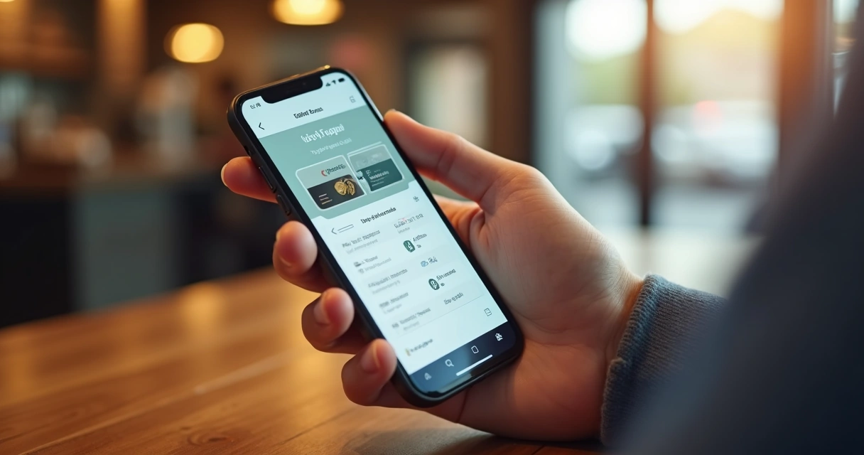 Tela de aplicativo de fidelidade aberta em smartphone sobre mesa. 