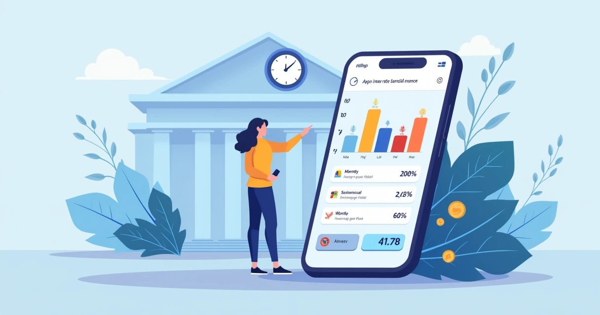 Tela de aplicativo de finanças com taxas e gráficos de equivalência 
