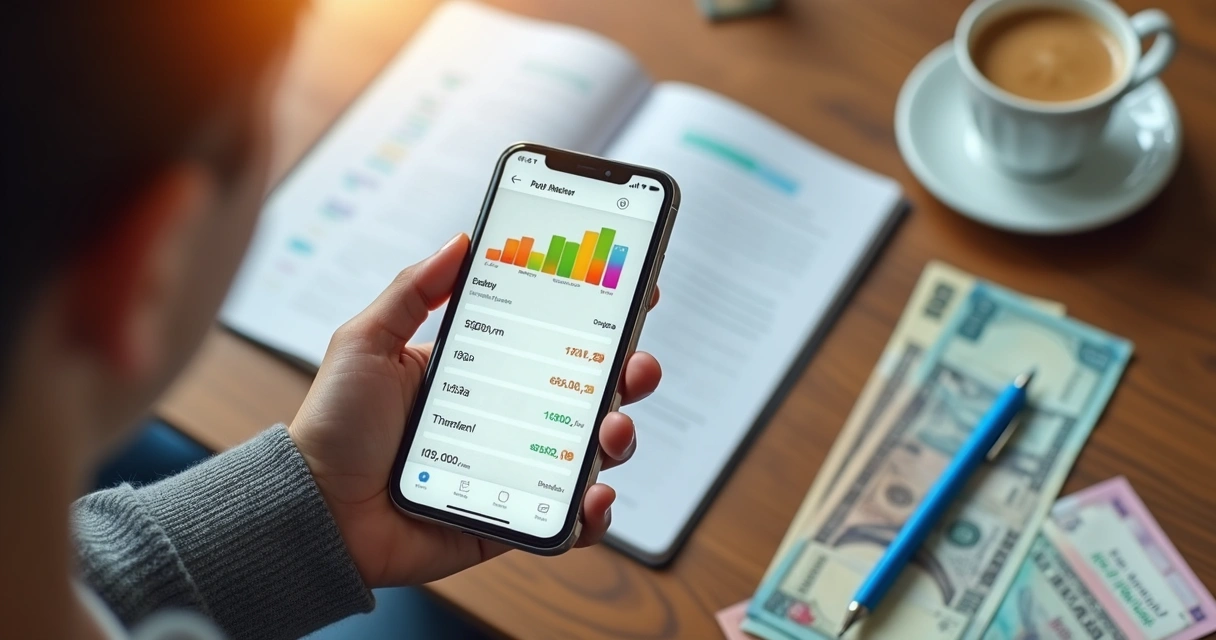 Tela de app financeiro aberto em smartphone em cima da mesa 