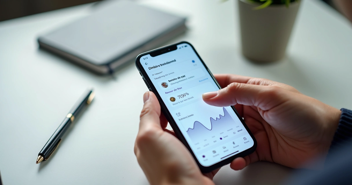 Painel de aplicativo financeiro exibido em smartphone moderno 