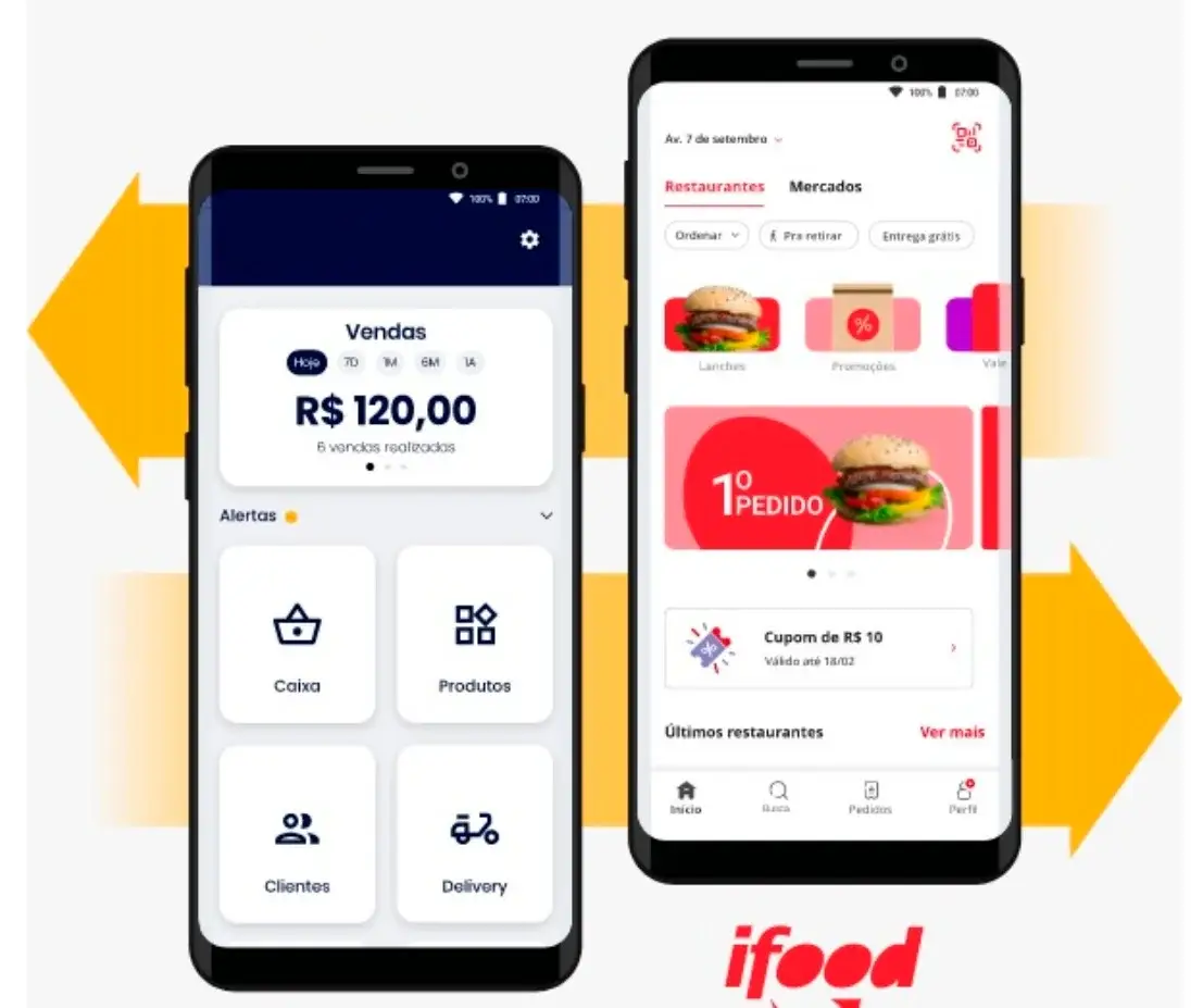 Comparação da interface de aplicativo de gestão de vendas e app iFood em dois smartphones lado a lado