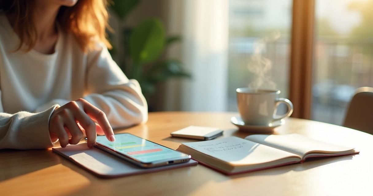 Pessoa usando aplicativo de hábitos simples no celular enquanto marca progresso diário 