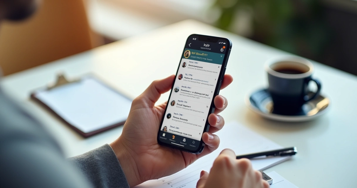 Aplicativo imobiliário aberto em smartphone com mensagens de clientes 