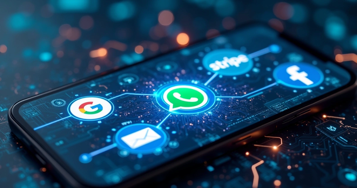 Tela de aplicativo mostrando integrações com APIs populares e fluxos conectados por linhas 