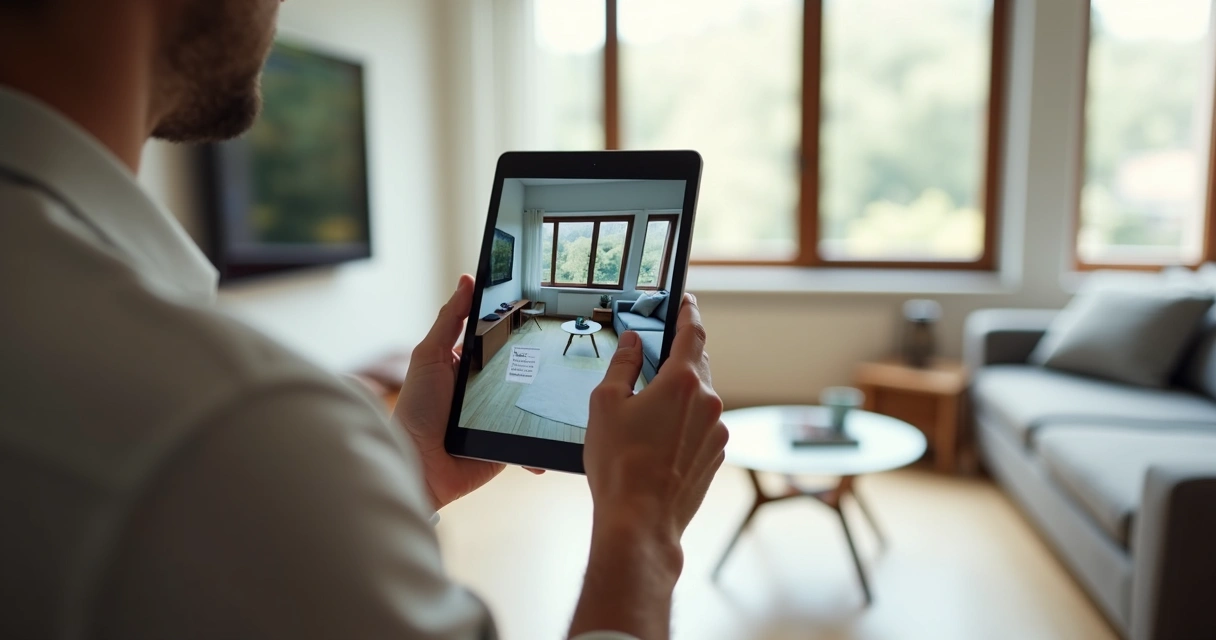 Aplicativo digital de vistoria sendo usado em tablet para registrar ambiente