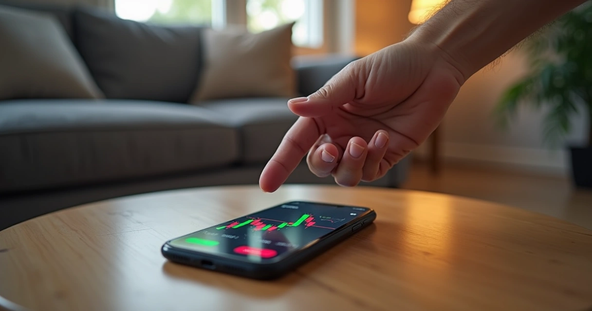 Mão hesita diante de app de investimentos 