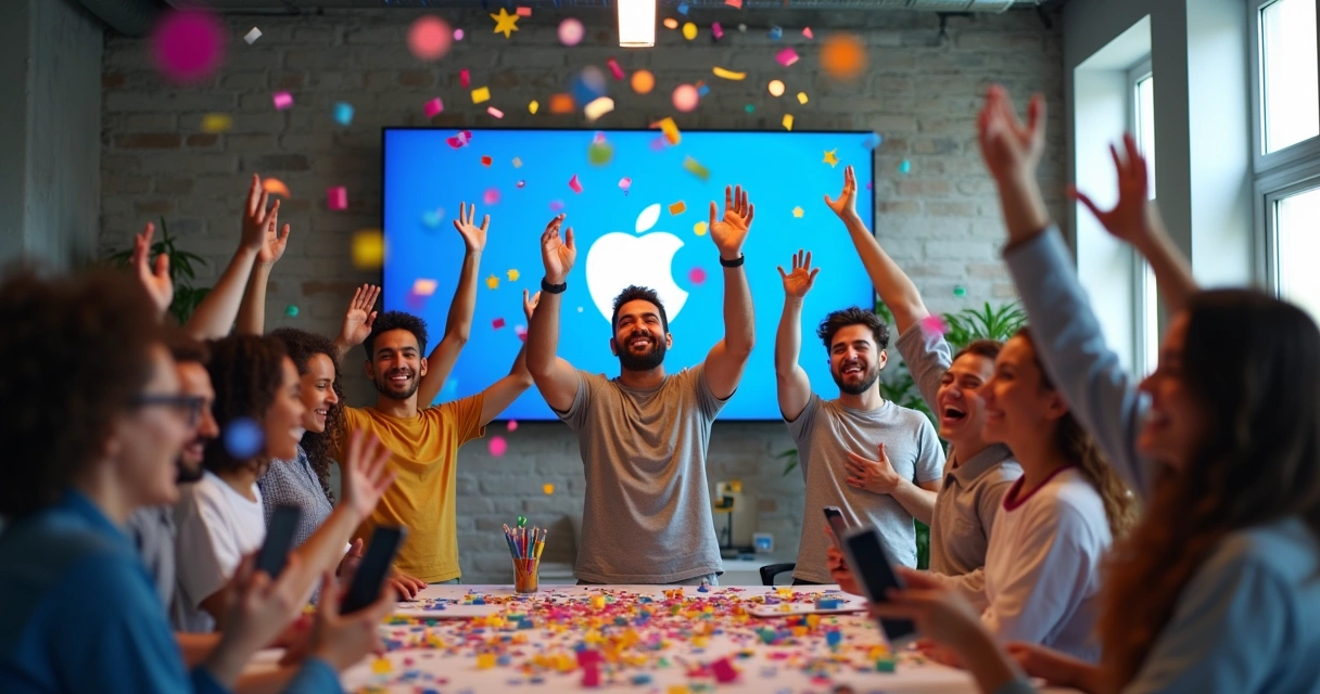 Startup team celebrating app launch with confetti and phones 