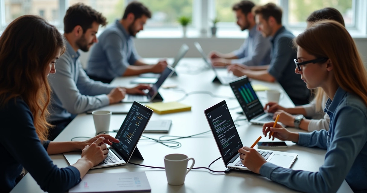 Team testing mobile app on multiple devices before launch 