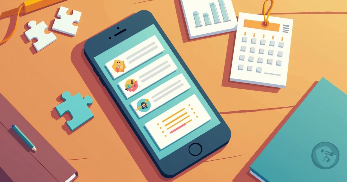 Aplicativo de lembretes acessível aberto, mostrando lembretes e ícones visuais coloridos na tela de um celular apoiado sobre uma mesa 