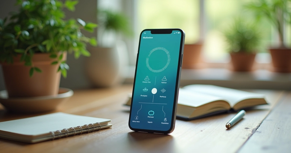 Teléfono móvil mostrando una app de meditación con gráficos de respiración.